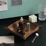 plateau rangement marron clair texture simili cuir moderne dorés respectueux environnement salon empilable double