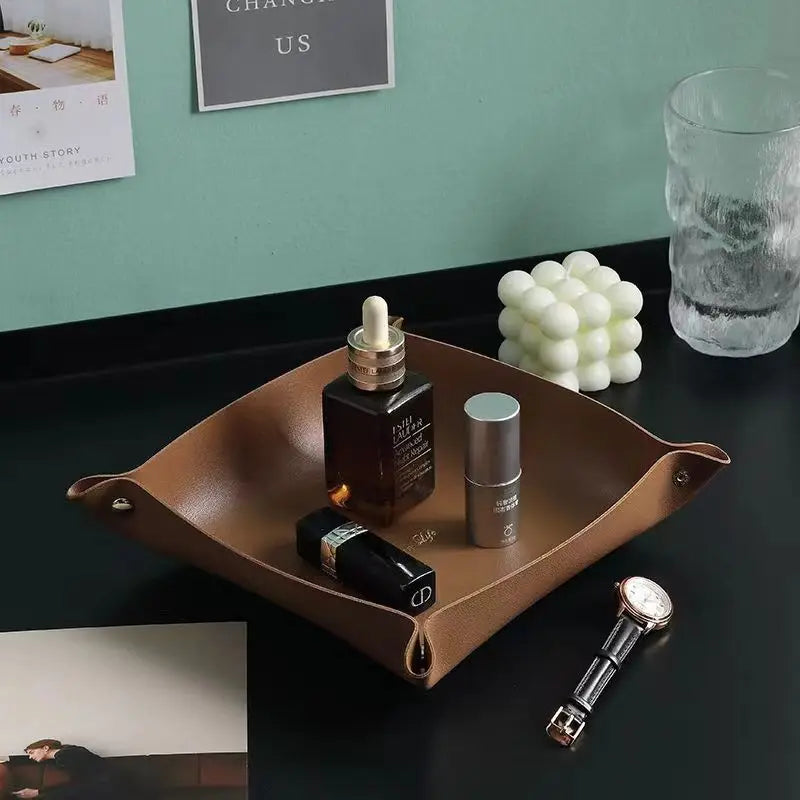 plateau rangement marron clair texture simili cuir moderne dorés respectueux environnement salon empilable double