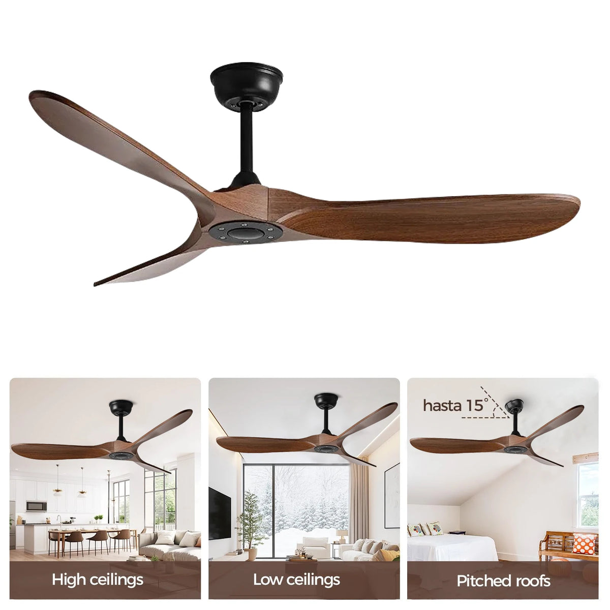 ventilateur moderne lames bois moteur dc vitesses télécommande led noir brunclair