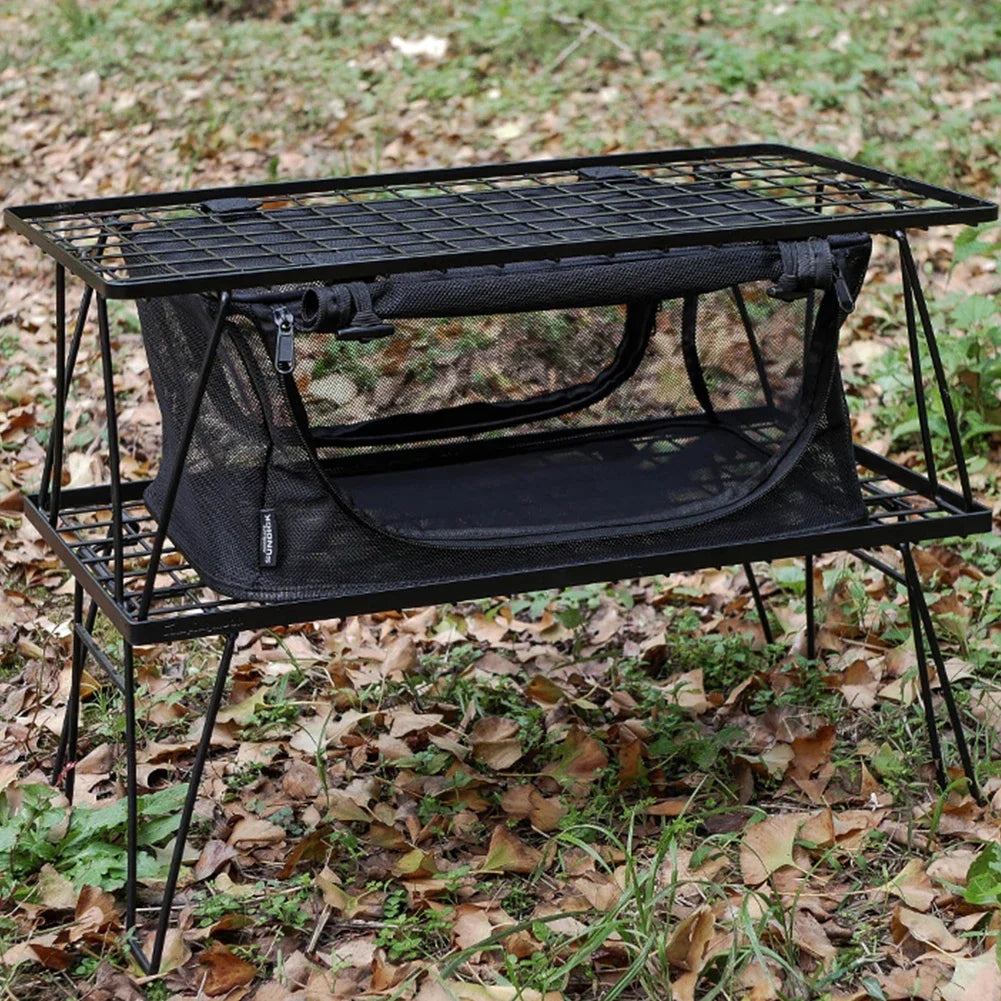 organisateur outils camping rangement table pliante sac filet noir transparent ustensiles cuisine