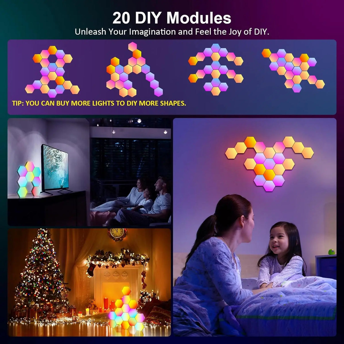 lampe murale hexagonale multicolore diy clips application mobile moderne gradation couleurs veilleuse led