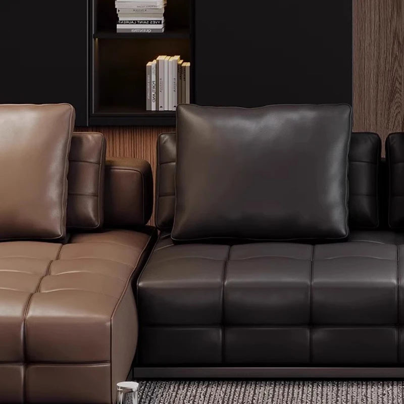 grand canapé angle cuir marron moderne coussins salon appartement luxe