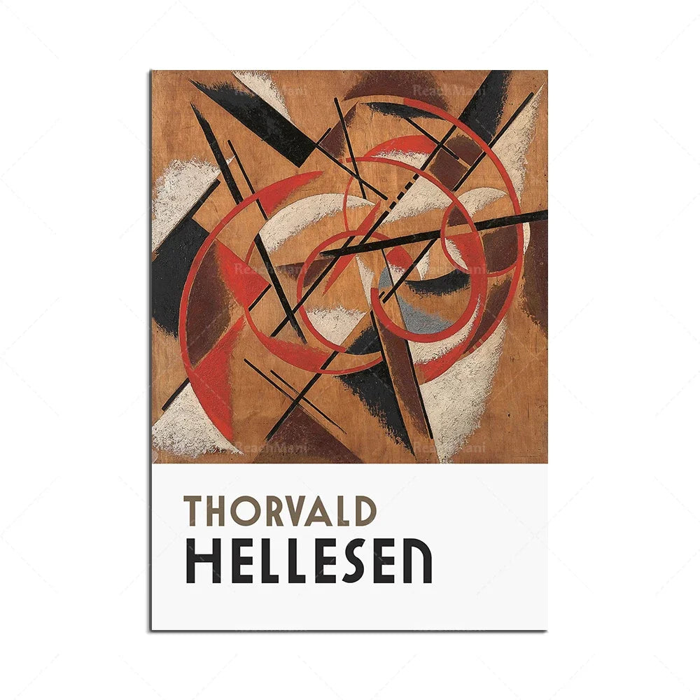 Affiche artistique abstraite aux formes géométriques dynamiques et aux couleurs chaudes.