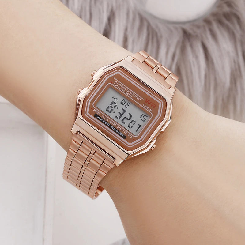montre numérique rectangulaire affichage lcd rétro résistante chocs alarme date auto semaine noir rose