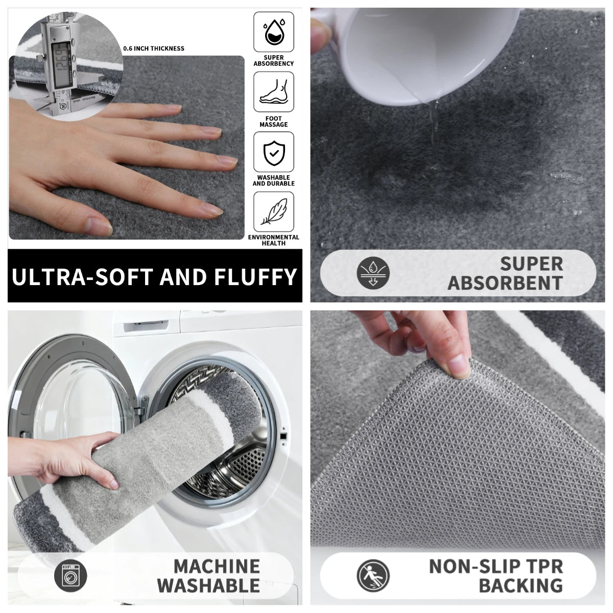 tapis bain microfibre absorbant doux moderne gris blanc bordure blanche rapide séchage respectueux environnement