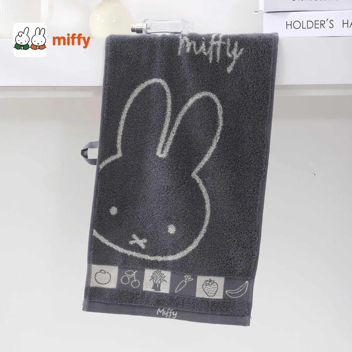 serviette coton lapin miffy dessin animé violet jaune vert gris marron pomme arbre anneaux