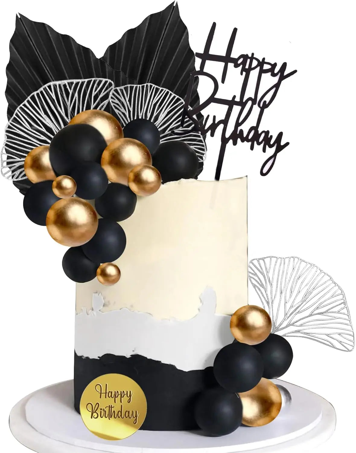 décorations gâteau doré blanc bleu moderne cercles feuilles textes anniversaire mariage baptême