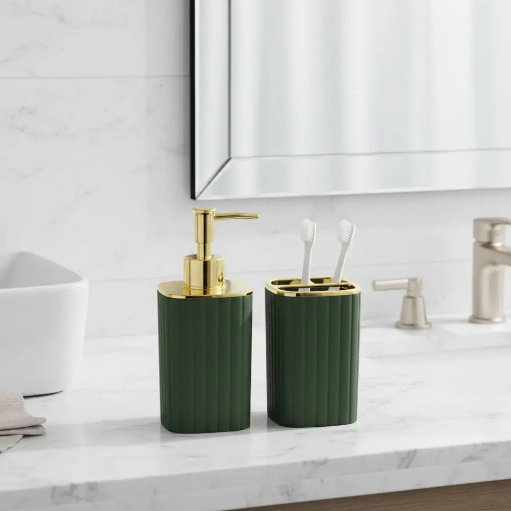 distributeur savon liquide porte brosses dents rayures verticales blanc beige vert foncé moderne élégant