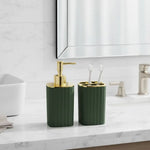 distributeur savon liquide porte brosses dents rayures verticales blanc beige vert foncé moderne élégant