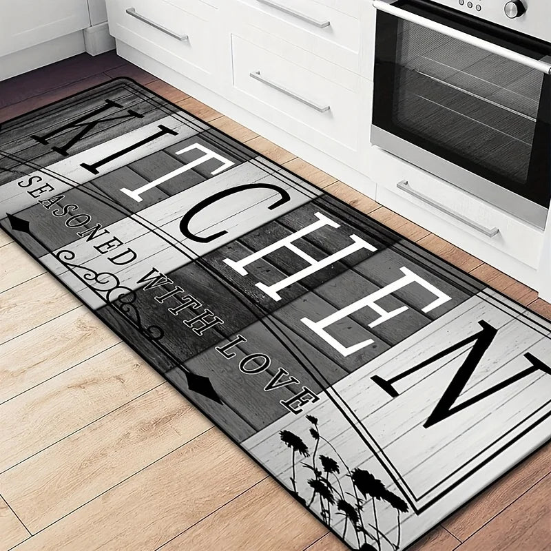 tapis cuisine imperméable anti dérapant lettres motifs floraux moderne gris blanc