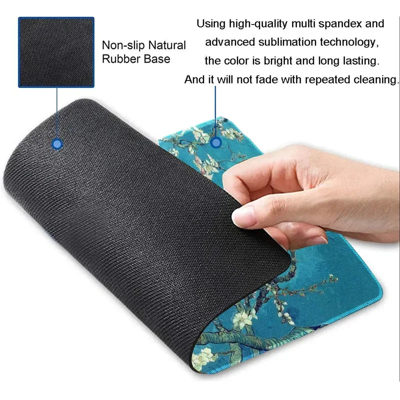 tapis souris grand motif fleurs blanches peinture artistique antidérapant bleu clair