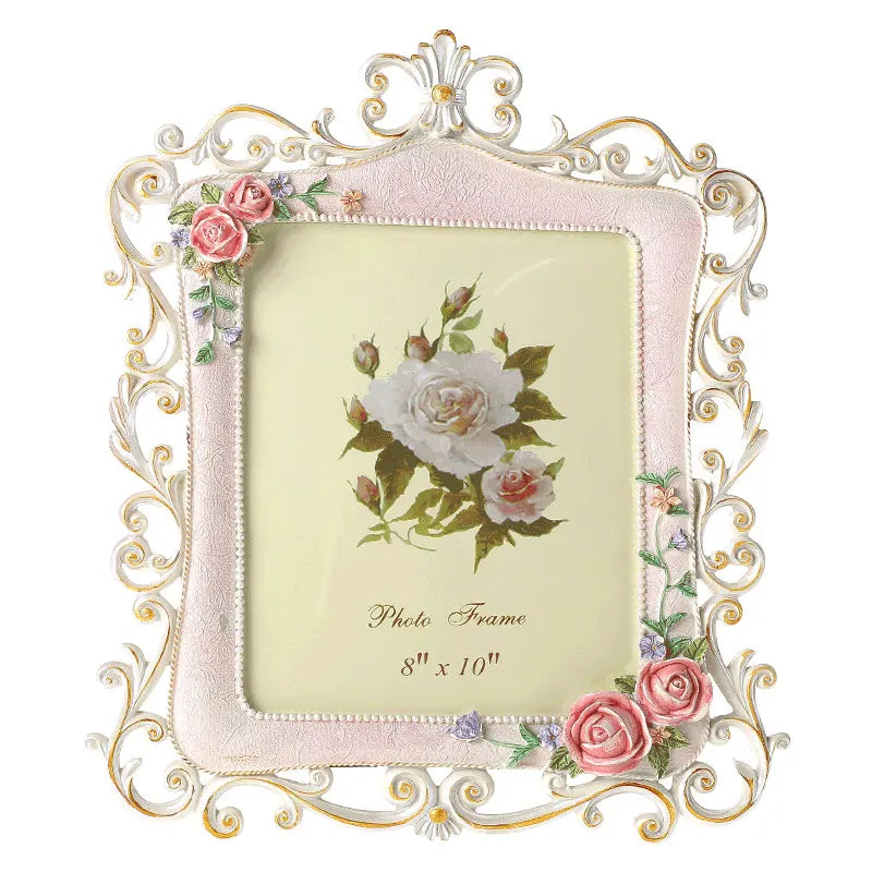 cadre photo résine motif floral vintage rose blanche feuille verte fixation decoration chambre mariage