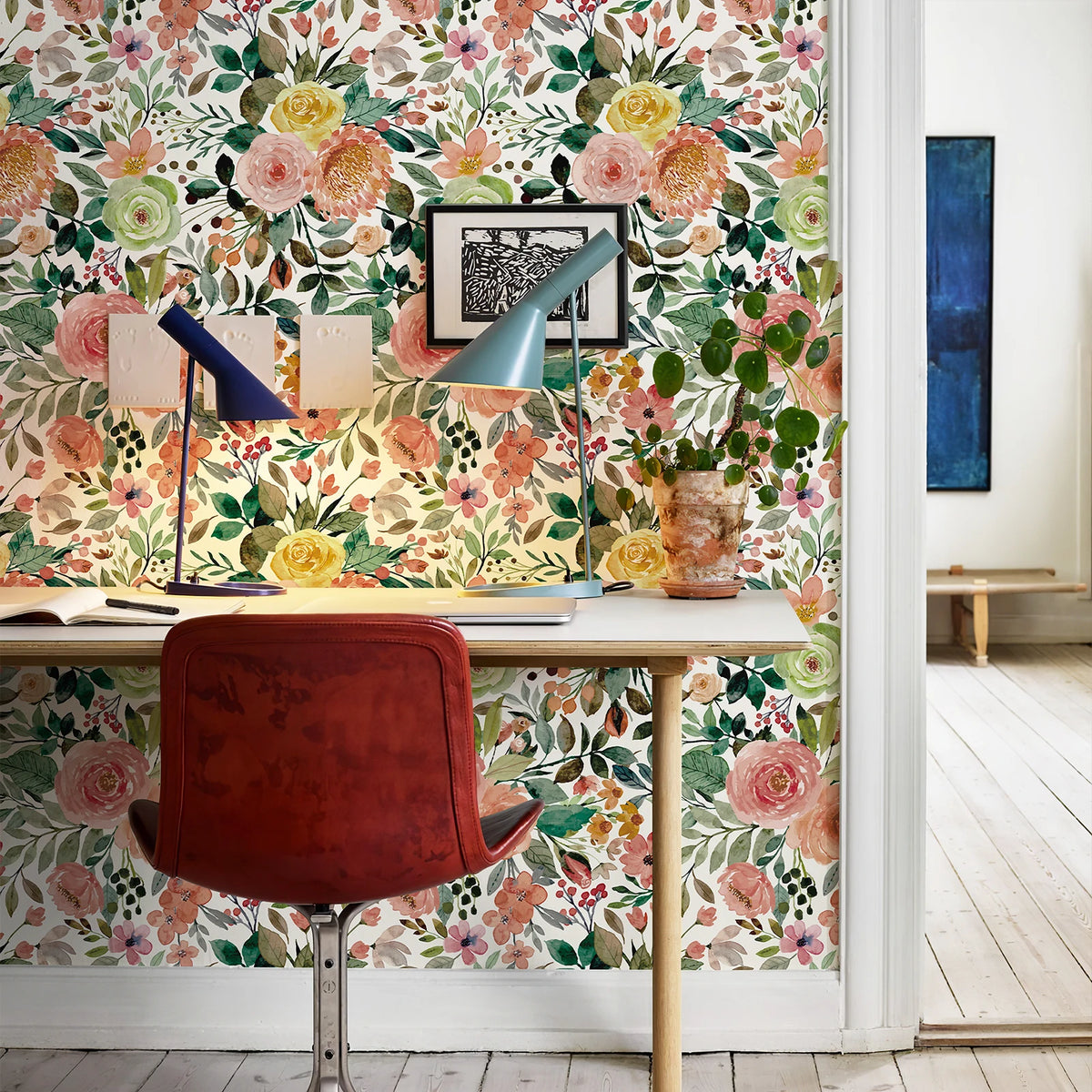 papier peint floral autocollant résistant l'eau moderne rose feuilles vertes chambre enfant salon cuisine