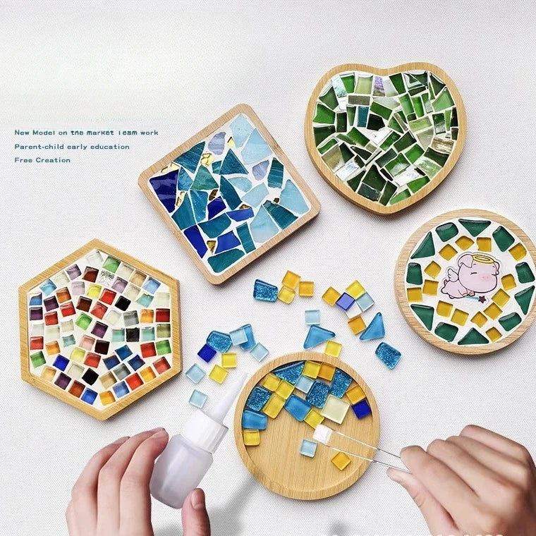 kit bricolage dessous verre mosaïque bois multicolore motif étoile décoratif table
