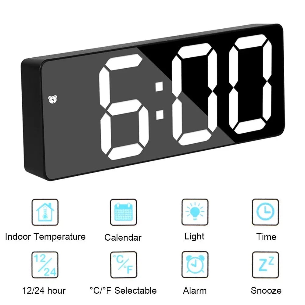 horloge numérique moderne réveil LED calendrier luminova minimalisteécran incurvé finition miroir