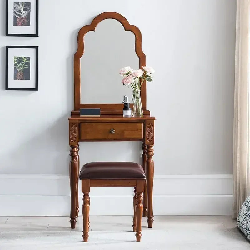 maquillage classique miroir intégré tabouret cuir bois chêne marronclair multifonctionnel chambre