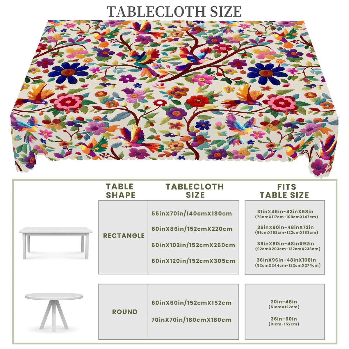 nappe multicolore ethnique fleurs oiseaux bordure dentelée imperméable extérieur mariage fête 152x220cm