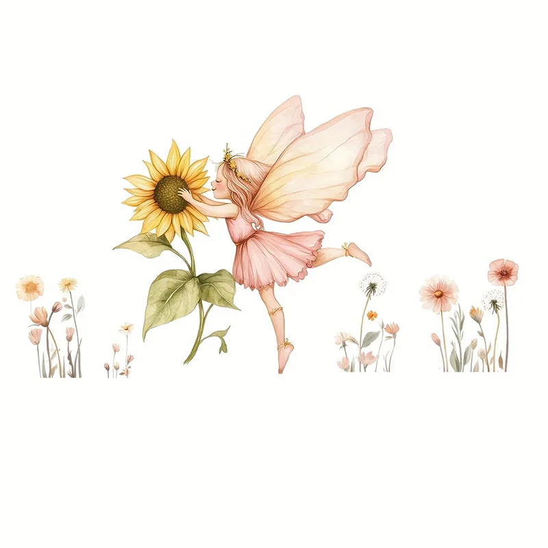 autocollants muraux fée tournesol fleurs sauvages moderne pvc rose beige vert jaune blanc illustratif