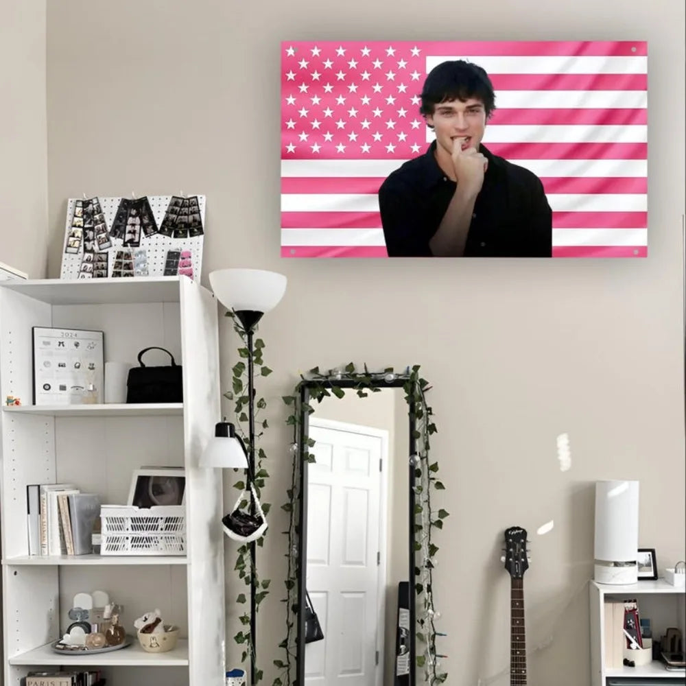 décoration murale moderne drapeau américain rose étoiles blanches tableau polyestère noir blanc