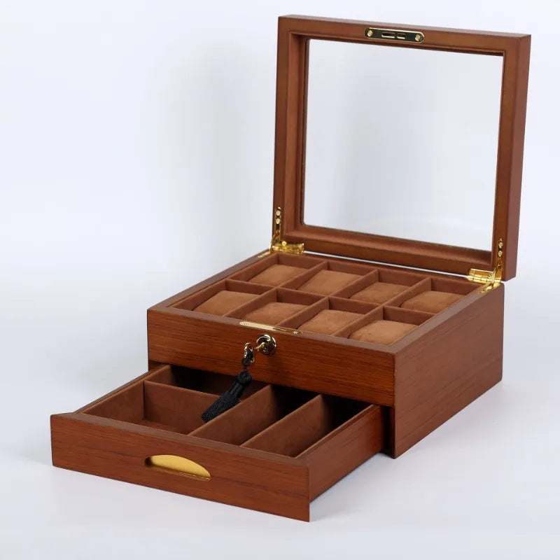 boîte montres bois marron classique slots étages transparente serrure montres rangement élégante
