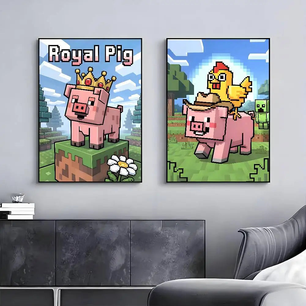 affiches art numériques pixel retro jeu vidéo animaux couleur rose blanc vert bleu gris