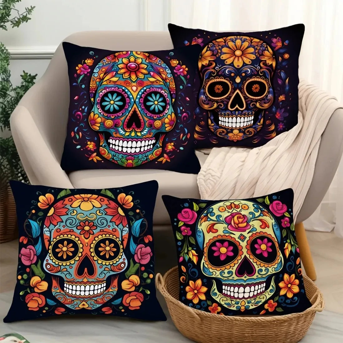 taies d'oreiller halloween crâne fleurs colorées deco maison lit polyester opacité artistique