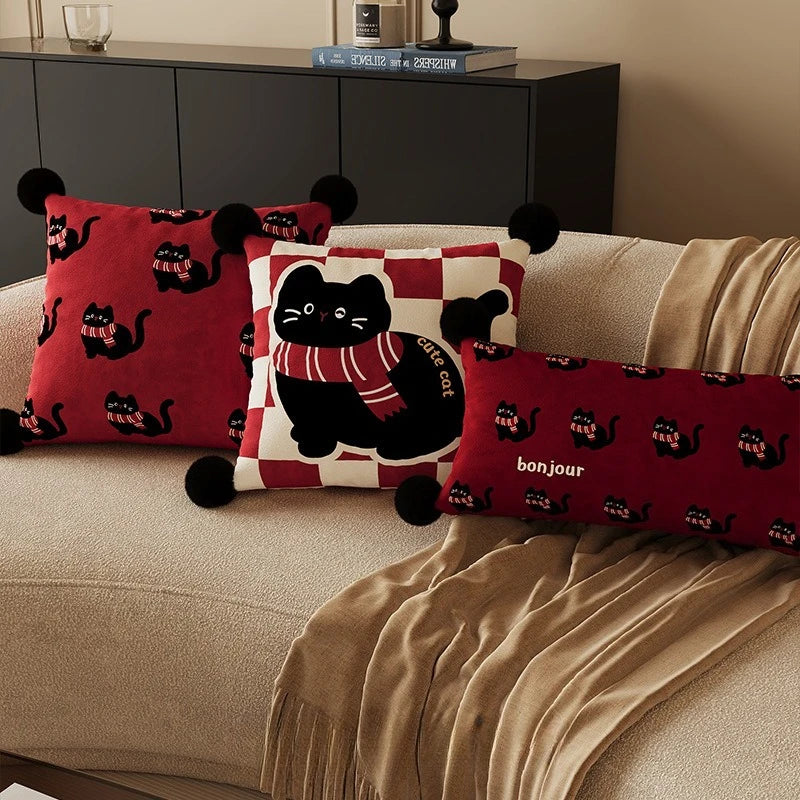 coussin housse chat noir foulard imprimé polyster rectangle décoration cartoon