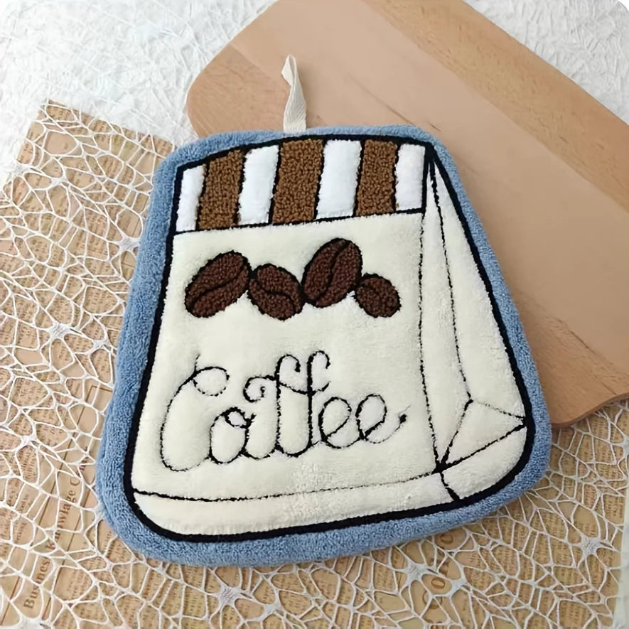 poignées cuisine décoratives motifs tasses cafetière bleu beige marron blanc opaques