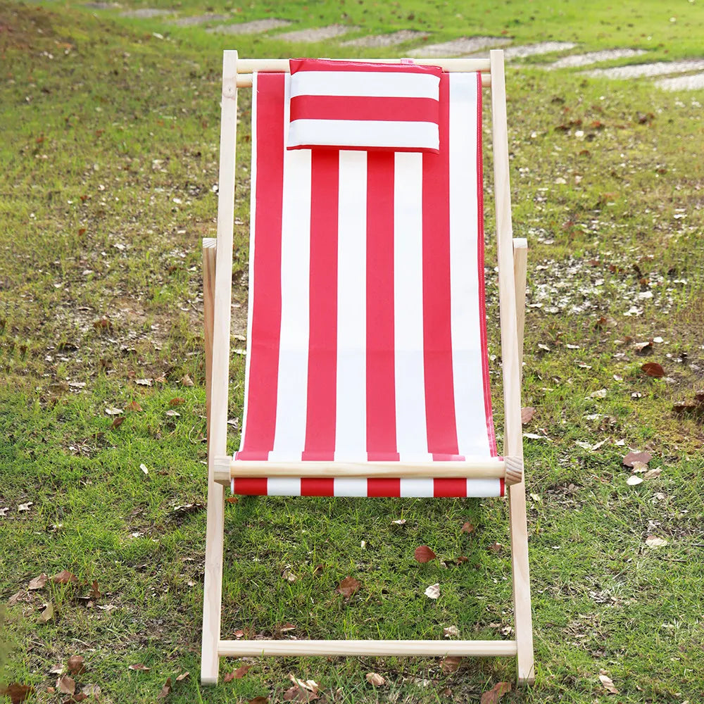 chaise longue pliable bois massif toile rayée plateau d'appoint plage