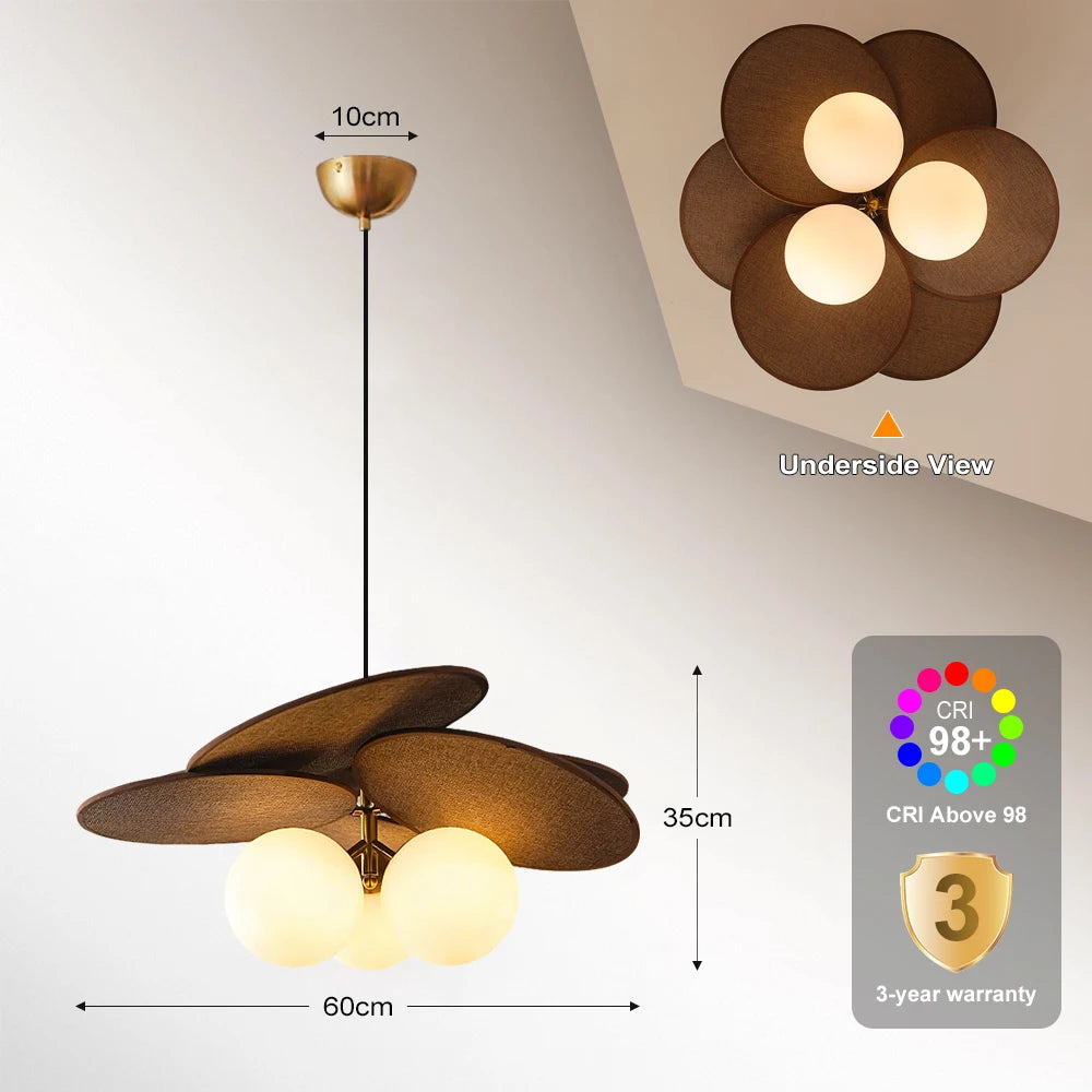 Suspension lumineuse moderne vintage abat jour tissé rafia marron chaîne verre blanc lumière tamisée