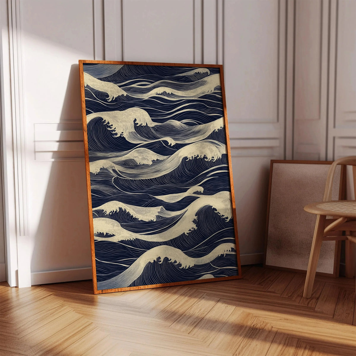 affiche vague bleu marine blanc graphique moderne cadre bois sans cadre