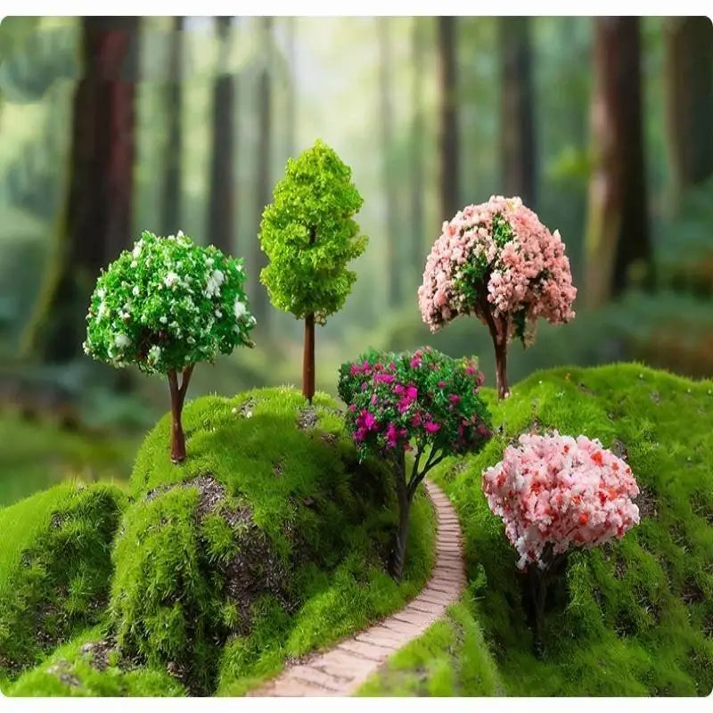 miniatures arbres fleurs vert rose jaune blanc réaliste détaillées décoration jardin féerique