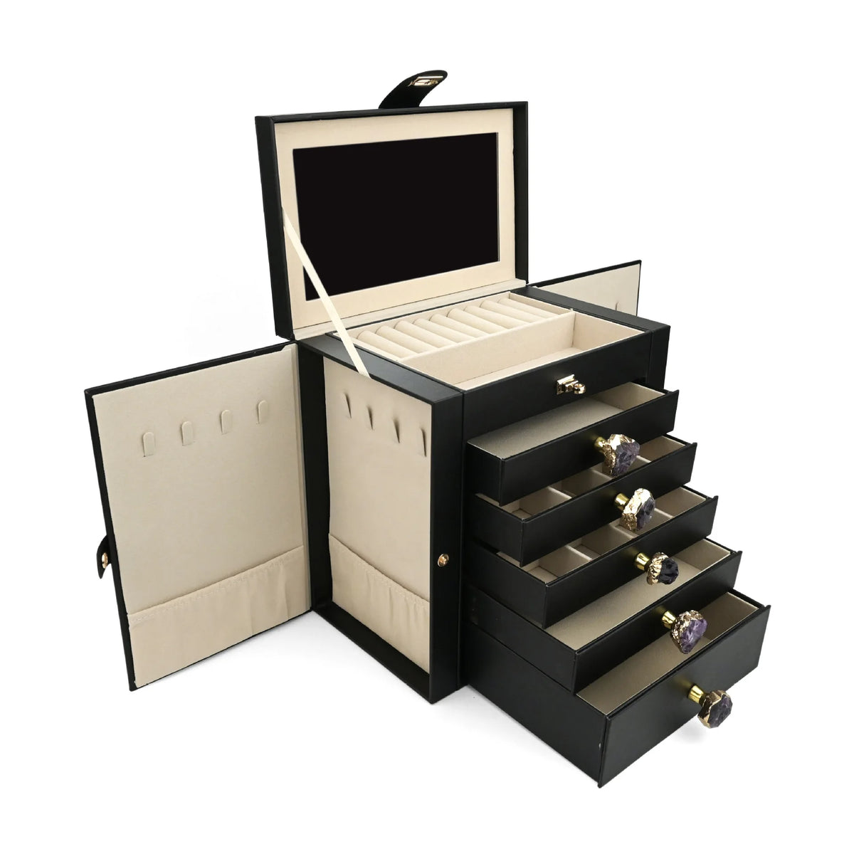 boîte bijoux simili cuir moderne noir rose blanc poignées métalliques rangements multiples velours intérieur