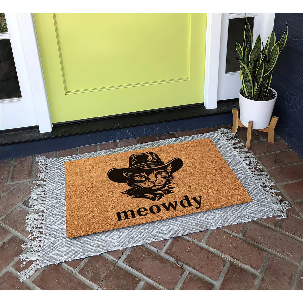 tapis d'entrée marron clair imprimé chat chapeau meowdy antidérapant résistant bactéries porte extérieur
