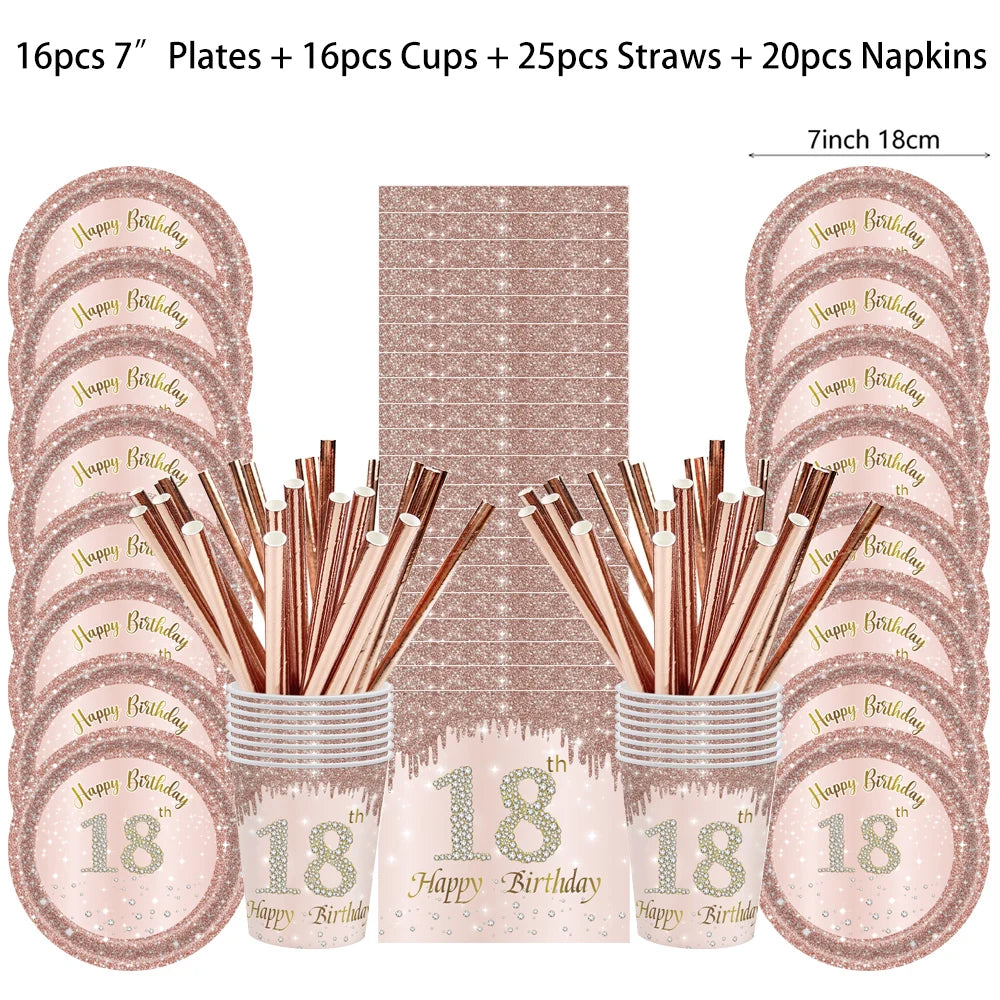 ensemble vaisselle jetable anniversaire rose gold assiettes serviettes gobelets pailles paillettes décoratif fête