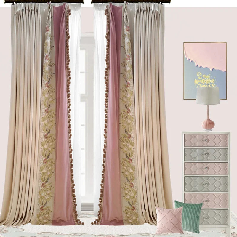 rideaux salon rose beige brodés fleurs classique élégant opacité totale pompons dorés