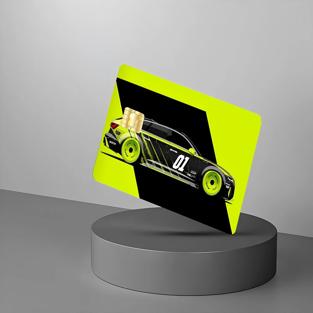 stickers carte crédit voiture sportive stylisée moderne waterproof réutilisable jaune fluo noir