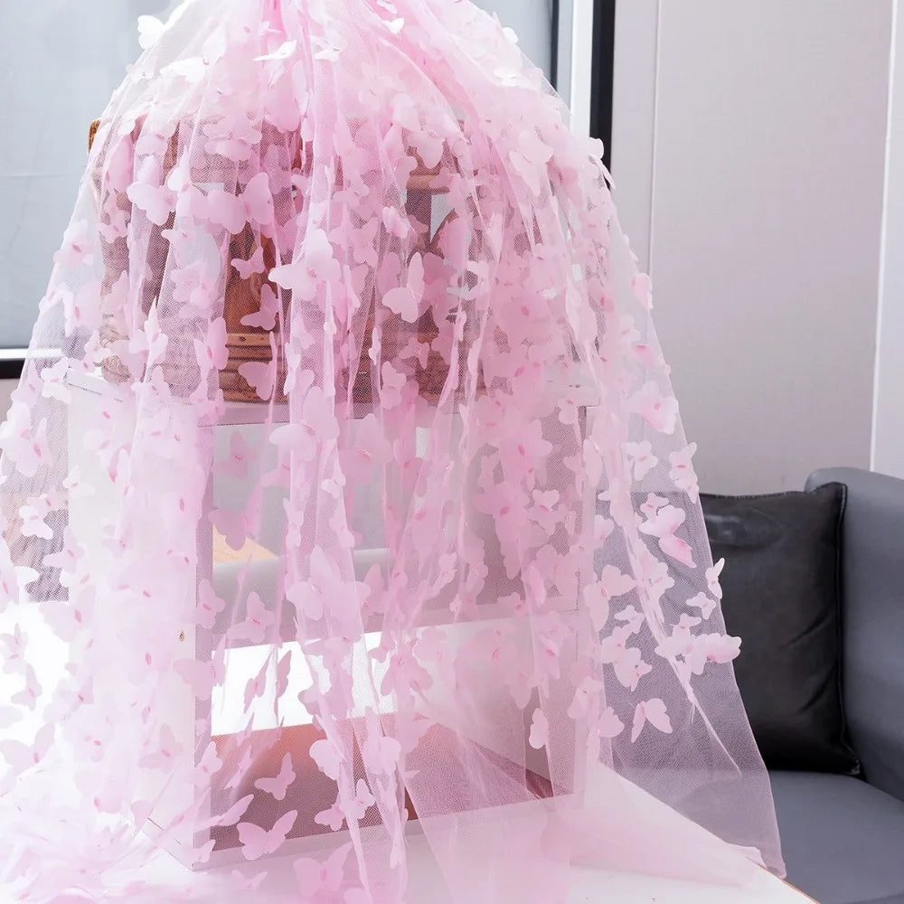 tissu brodé 3D papillons arc ciel noir rose bleu translucide couture décoration mariage