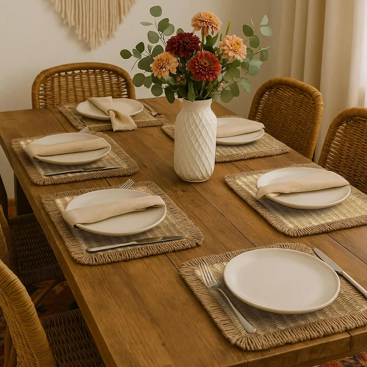 Sets table rectangulaires tressés bohèmes beige marron vert olive franges rustiques naturels