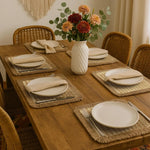 Sets table rectangulaires tressés bohèmes beige marron vert olive franges rustiques naturels