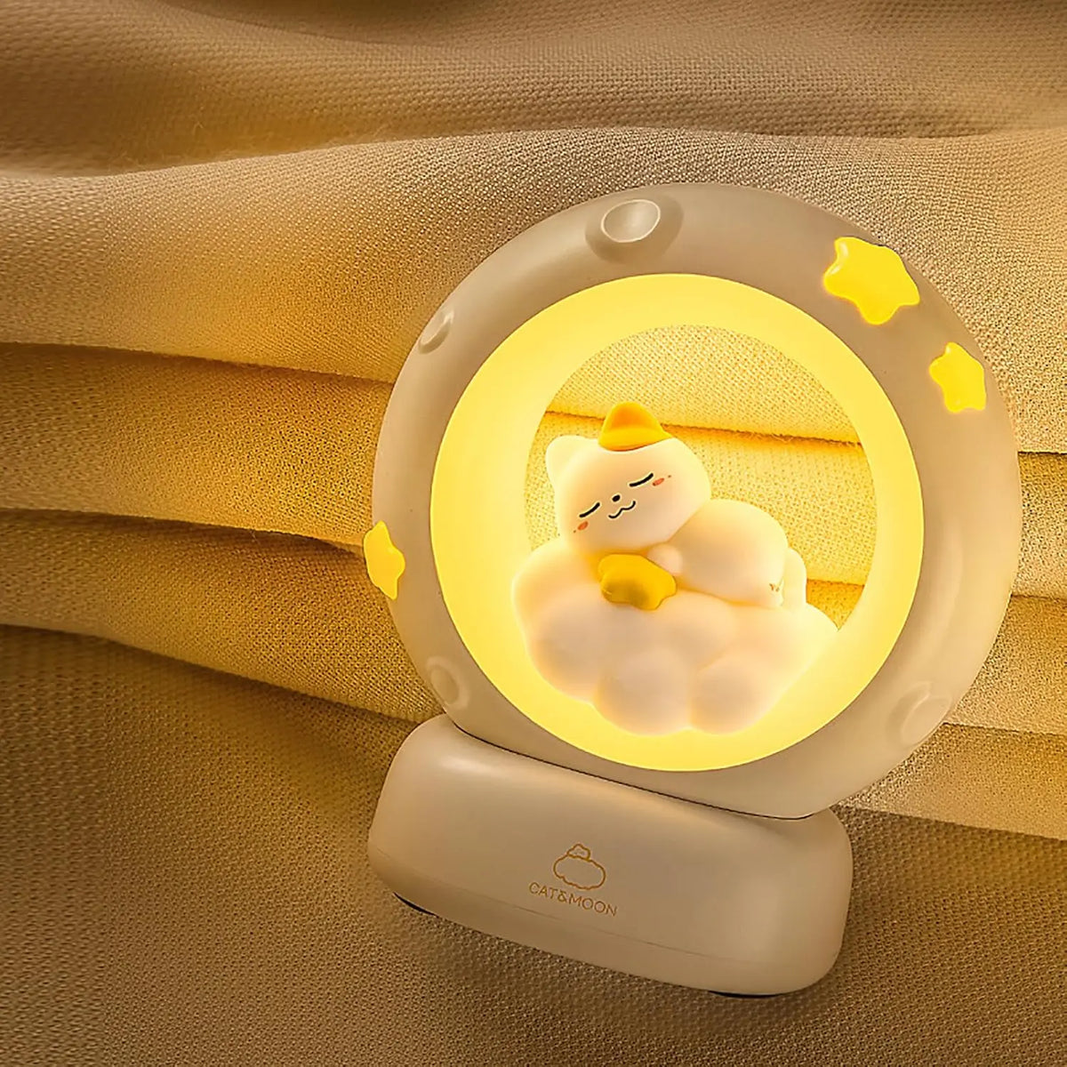 lampe table chat dormir nuages étoiles dorées lumière chaude ajustable rechargeable mignon