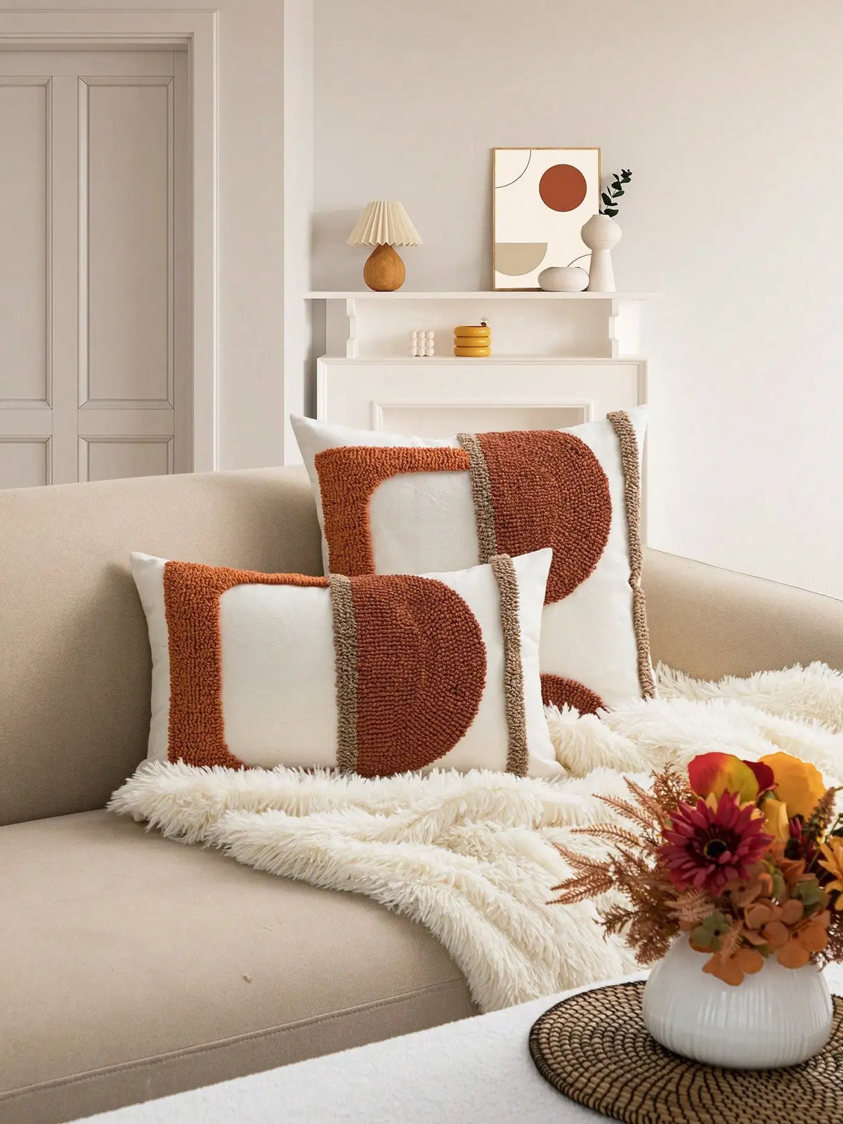 taies d'oreiller géométriques orange blanches contemporaines 45x45 cm 30x50 cm
