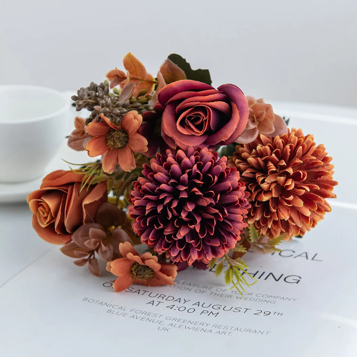 bouquet fleurs artificielles roses soies classiques romantiques blancs roses orangers marrons intérieur décoration mariage