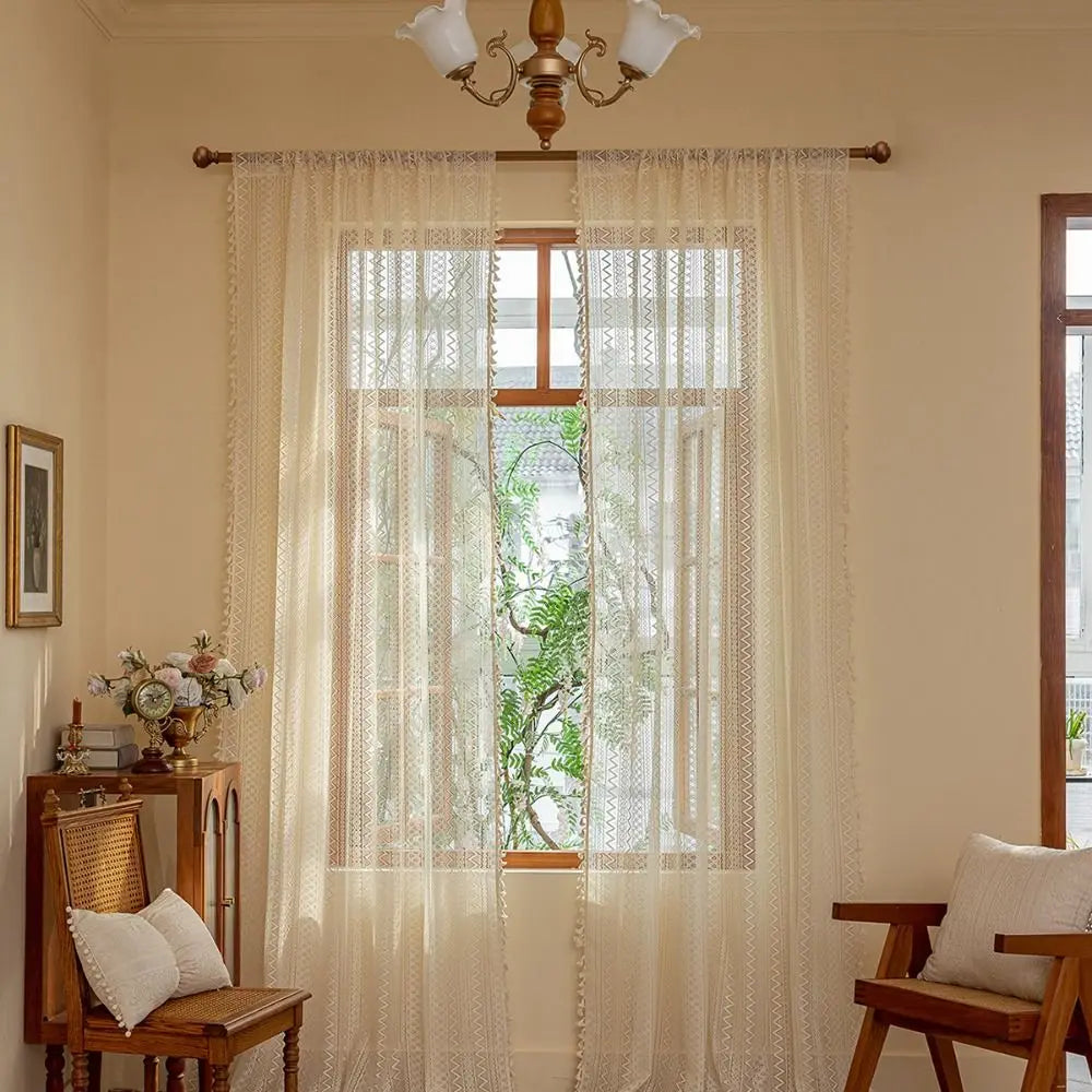 rideau beige broderie géométrique franges semi transparent vintage classique fenêtre intérieur polyester