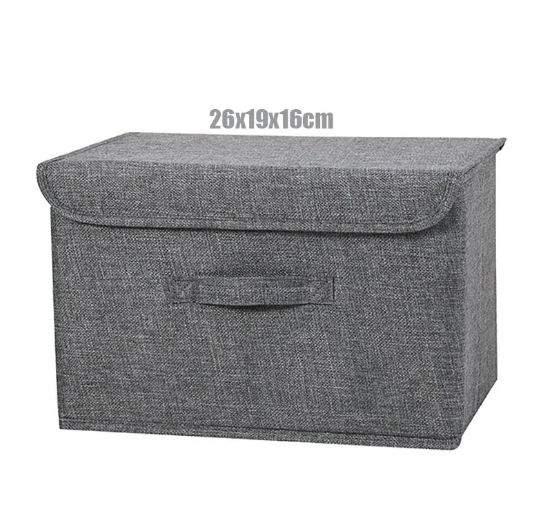 boîte rangement pliable tissu lin gris beige couvercle poignées vêtements