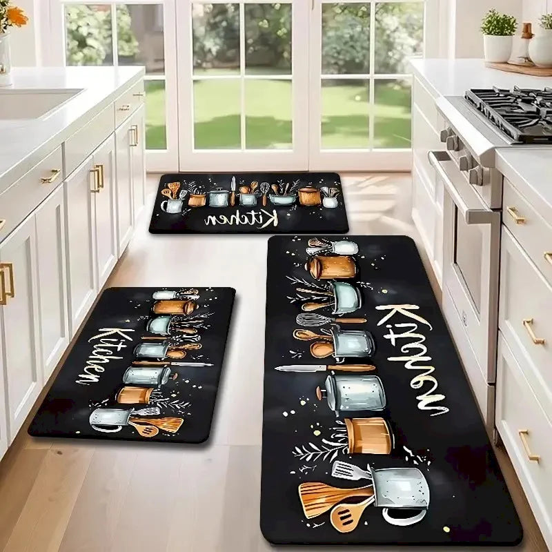 tapis cuisine antidérapant polyester feutre moderne illustration ustensiles noir blanc doré