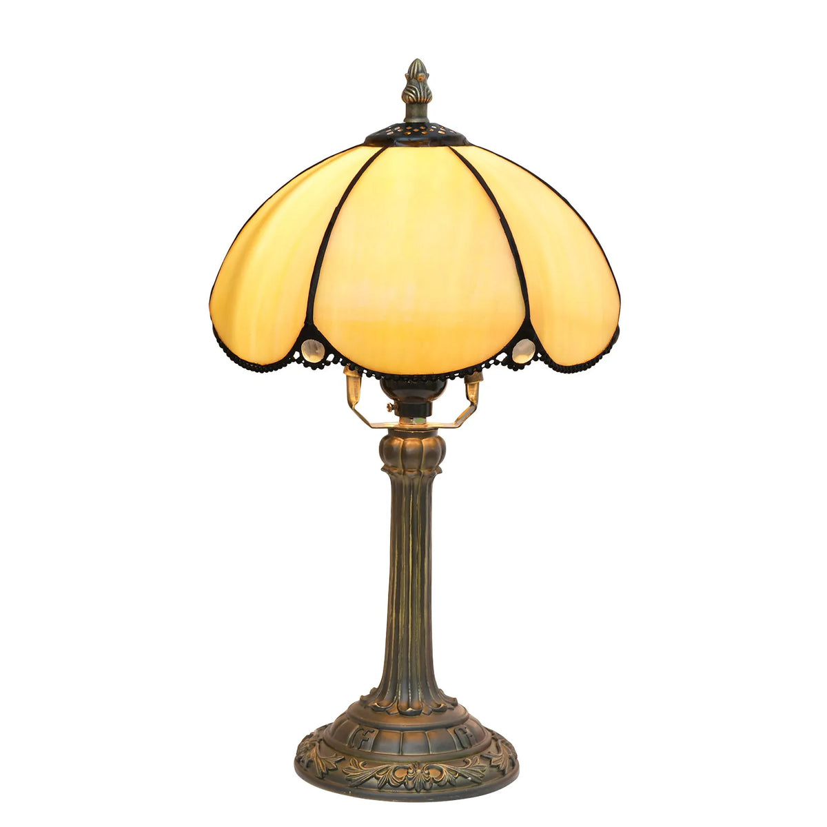 lampe table art déco bronze beige translucide motifs géométriques verre teinté base solide chambre