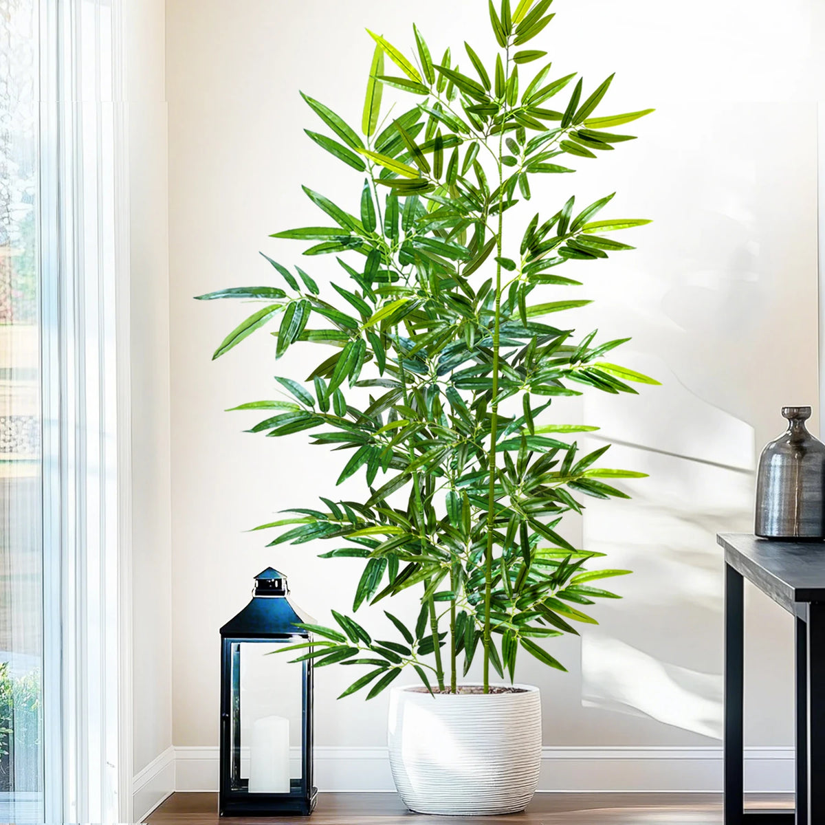 plante artificielle bambou vert clair pot blanc gravier décoration intérieur