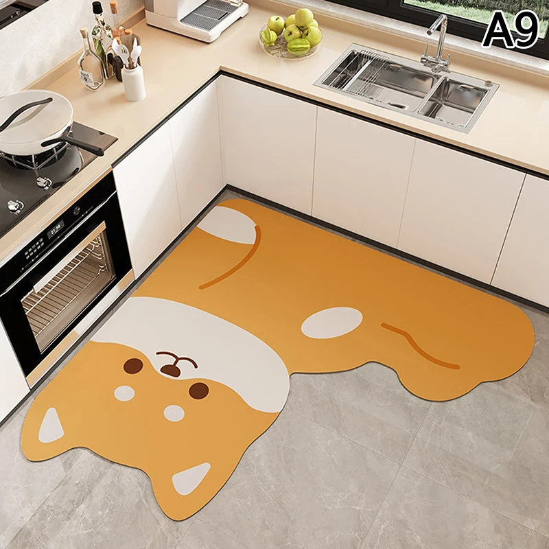 tapis sol cuisine marron gris noir blanc visage animaux ours chat panda dessin animé