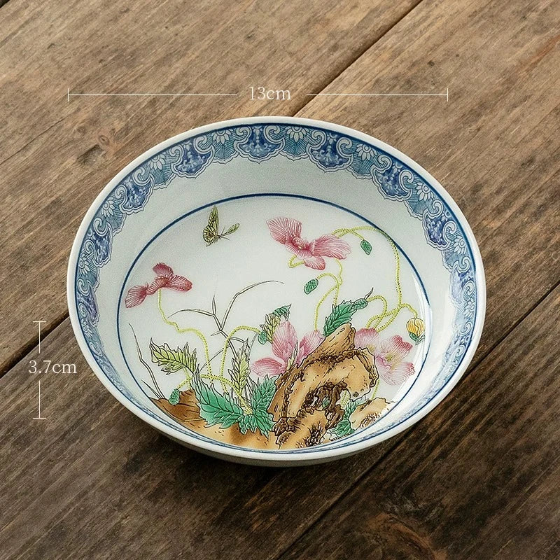 service thé traditionnel céramique émaillée fleurs papillons artisanal blanc bleu vert rose brun